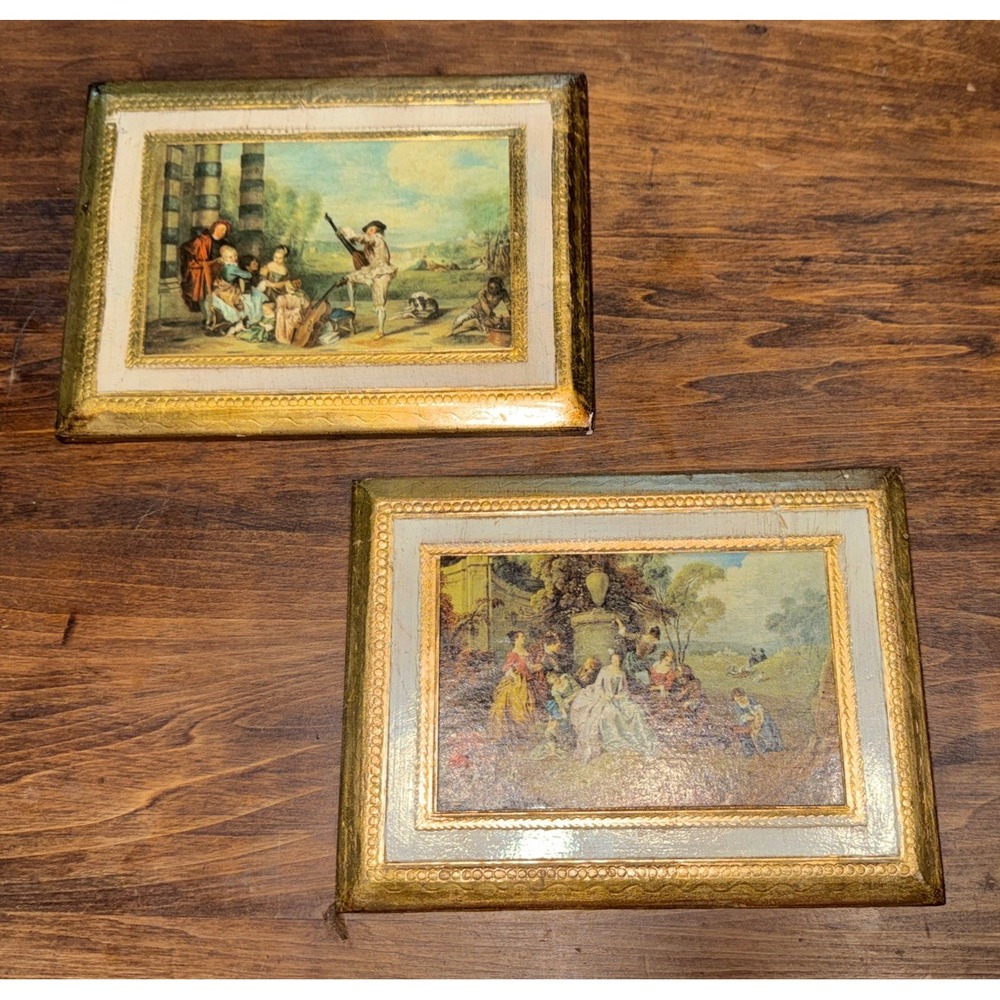 Vintage Pair Of Florentine Gilt Wood Plaques French Scenes 8 X 6 Italy